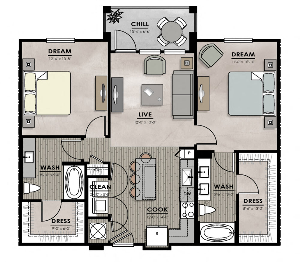 Floor plan for 2 beds, 2 baths, 1104 sqft